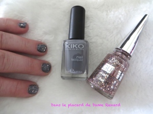 Nail Art: medium grey Kiko et paillettes rosées Flormar